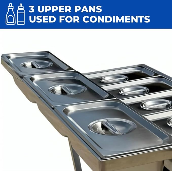 5 Pan Steam Table Food Warmer Cart | Heavy Duty Commercial Stainless Steel | Portable 4 Wheels | Outdoor Propane | 3 Condiment Containers | 8 Total Standard 1/3 Pans (12” x 6” x 4”) | CSA Approved | Catering, Home, and Backyard Use