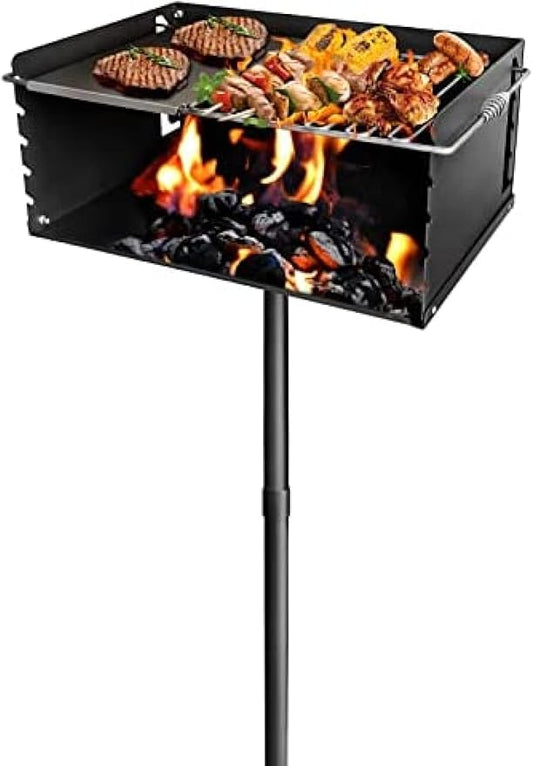 Park Style Charcoal Grill With Grate, Single Post Carbon Steel 50 Inch Height Pole, Heavy Duty Outdoor Park Grill For BBQ, Camping, Backyard,25x17 Inch With Plate