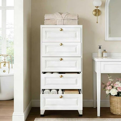 Metal Bathroom Storage Cabinet with 5 Drawers, Freestanding Bathroom Floor Cabinet for Home, Living Room, Assembly Required, White, 39.4" H x 16.6" W x 15.8" D