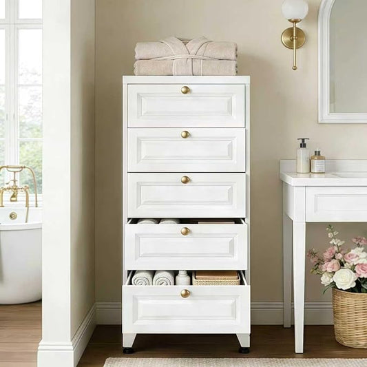 Metal Bathroom Storage Cabinet with 5 Drawers, Freestanding Bathroom Floor Cabinet for Home, Living Room, Assembly Required, White, 39.4" H x 16.6" W x 15.8" D