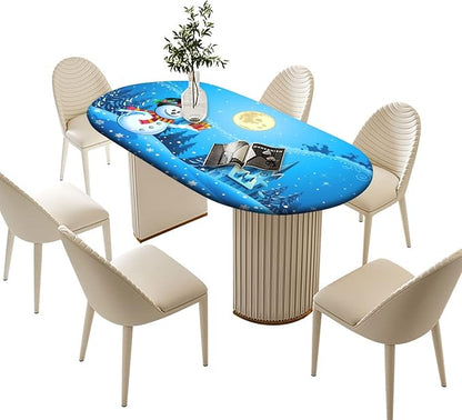 Christmas Oval Fitted Tablecltohs, Snowman The Gift on Blue Background Elastic Edged Table Cover, Fits to 42'' x 60'' Tables, Wrinkle Resistant Table Cloth for Banquet and Patio Use