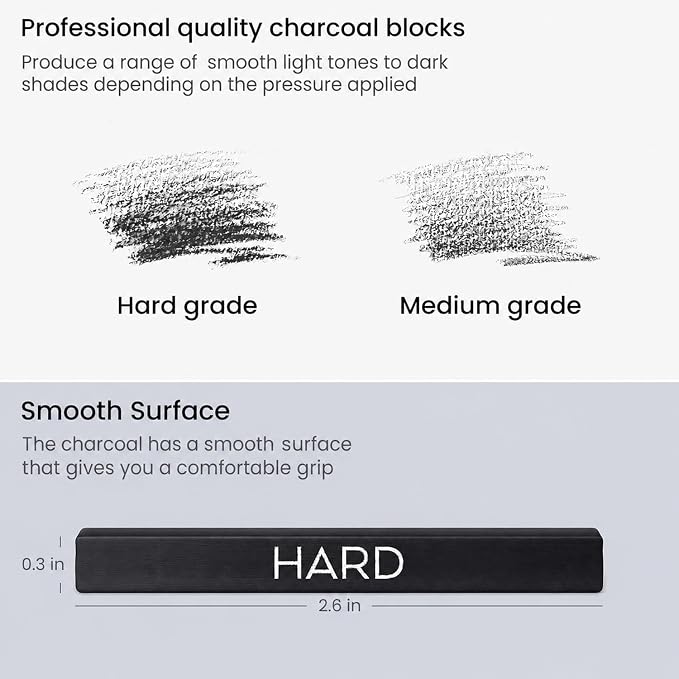 ARTEZA Compressed Charcoal Sticks Set of 16 – Medium and Hard Drawing Crayons for Sketching, Shading, Line Work in Charcoal Art and Figure Drawing
