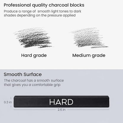 ARTEZA Compressed Charcoal Sticks Set of 16 – Medium and Hard Drawing Crayons for Sketching, Shading, Line Work in Charcoal Art and Figure Drawing