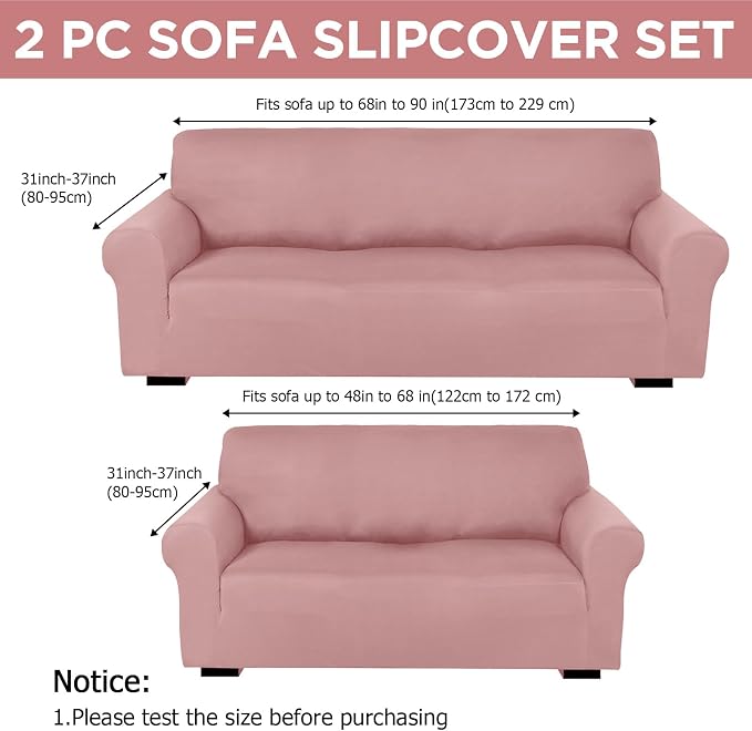 Peryiter 2 Pcs Couch and Loveseat Sofa Covers,Light Pink,Milk Silk | Armchair Covers for Living Room, Sofa Cushion Slipcover 2/3 Seater, Furniture Protector, Polyester and Spandex, Washable