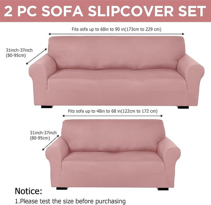 Peryiter 2 Pcs Couch and Loveseat Sofa Covers,Light Pink,Milk Silk | Armchair Covers for Living Room, Sofa Cushion Slipcover 2/3 Seater, Furniture Protector, Polyester and Spandex, Washable