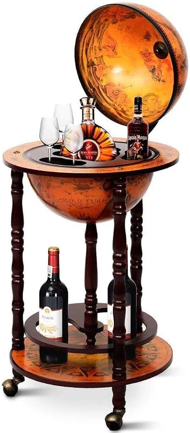 17" Wooden Globe Wine Rack, Wooden Globe Wine Bar Stand, Freely Movable Stable Liquor Bottle Shelf, Nautical Chart Wine Storage Cabinet, 16th Century Retro Wine Cupboard, Retro Brown