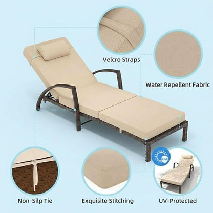 GarveeLife Outdoor Wicker Chaise Lounge Chair with Cushion, Metal Frame Patio Reclining Lounge Bed, All-Weather Rattan Sun Lounger for Poolside, Garden, Backyard & Balcon,Brown Wicker, Beige Cushion