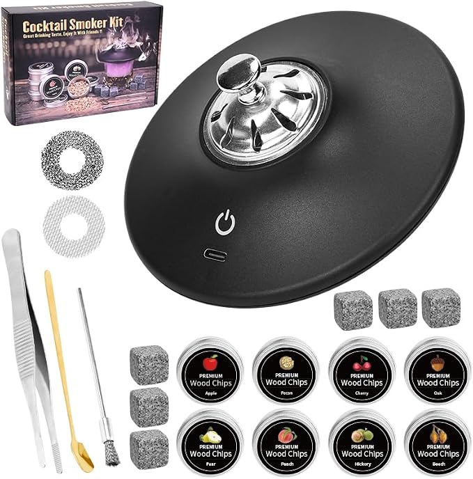 Electric Whiskey Smoker Kit, Old Fashioned Smoker Kit with 8 Wood Chip, Cocktail Smoker Kit with Whiskey Stone, Drink Smoker Gift Set for Birthday, Bourbon Whiskey for Men, Dad, Husband
