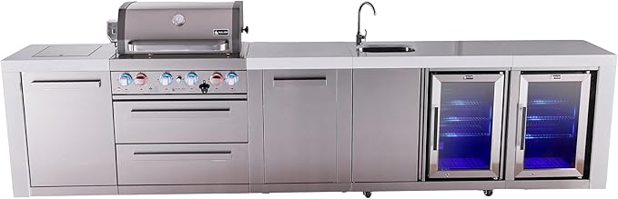 Mont Alpi Deluxe Stainless Steel 145"W Modular Outdoor Kitchen Island + 2 Refrigerators + Faucet & Sink + 32"W 4-Burner BBQ Grill + Side Burner + Granite Countertops + Storage + Rotisserie + Cover