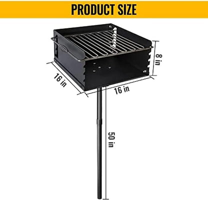 Park Style Charcoal Grill With Grate, Single Post Carbon Steel 50 Inch Height Pole, Heavy Duty Outdoor Park Grill For BBQ, Camping, Backyard,16x16 Inch