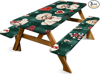 Christmas Picnic Table Cover with Bench Covers Set, Elastic Fitted Tablecloth for Outdoor Picnic Tables, Green Plaid Design with Cute Puppy and Heart Pattern, Durable Vinyl Cover for Campin