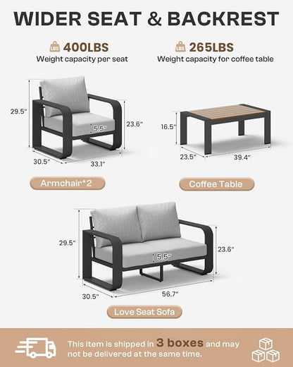 Oversized Aluminum Outdoor Furniture Set, Extra Large Patio Furniture Sofa Set 4.8” Widened Armrest & Ultra-Thick Cushions, 4 Pcs Modern Patio Sectional for Backyard, Deck, Gray