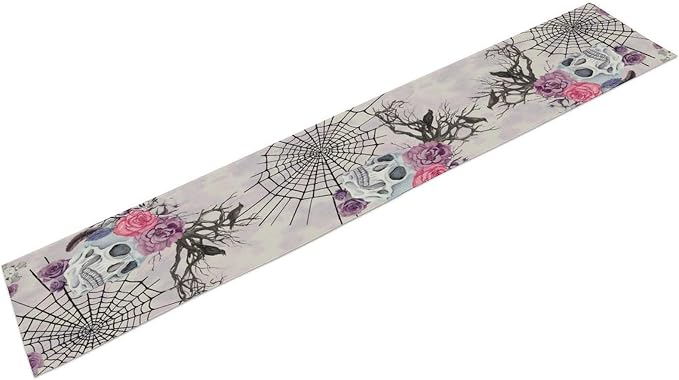 Halloween Table Runner Purple Skeleton Spider Web Ravens Gothic Spooky Runner Kitchen Dinning Decor for Indoor Outdoor Holiday Home Wedding Party 13x36 Inch