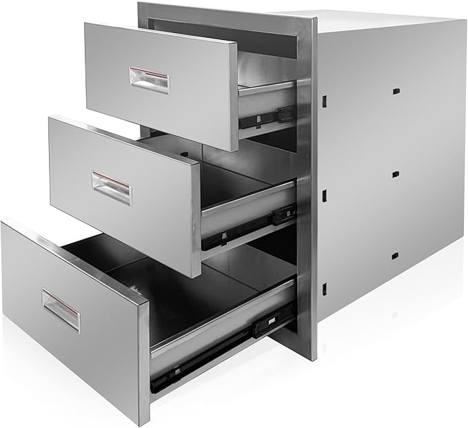 Outdoor Kitchen Triple Layer Drawer 16'' W x 21.6'' H x 18'' D Flush Mount BBQ Access Drawers Stainless Steel BBQ Island Drawers with Handle Suitable for Outdoor Kitchen Island Grill Station