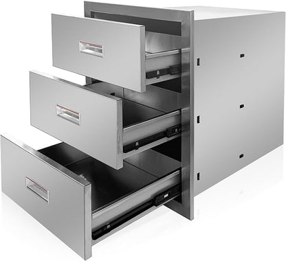Outdoor Kitchen Triple Layer Drawer 16'' W x 21.6'' H x 18'' D Flush Mount BBQ Access Drawers Stainless Steel BBQ Island Drawers with Handle Suitable for Outdoor Kitchen Island Grill Station