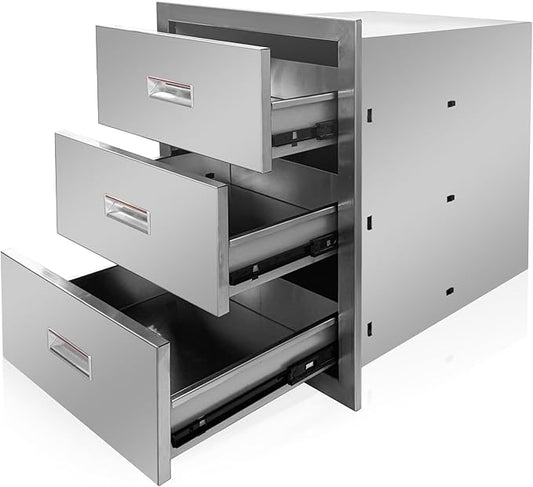 Outdoor Kitchen Triple Layer Drawer 16'' W x 21.6'' H x 18'' D Flush Mount BBQ Access Drawers Stainless Steel BBQ Island Drawers with Handle Suitable for Outdoor Kitchen Island Grill Station