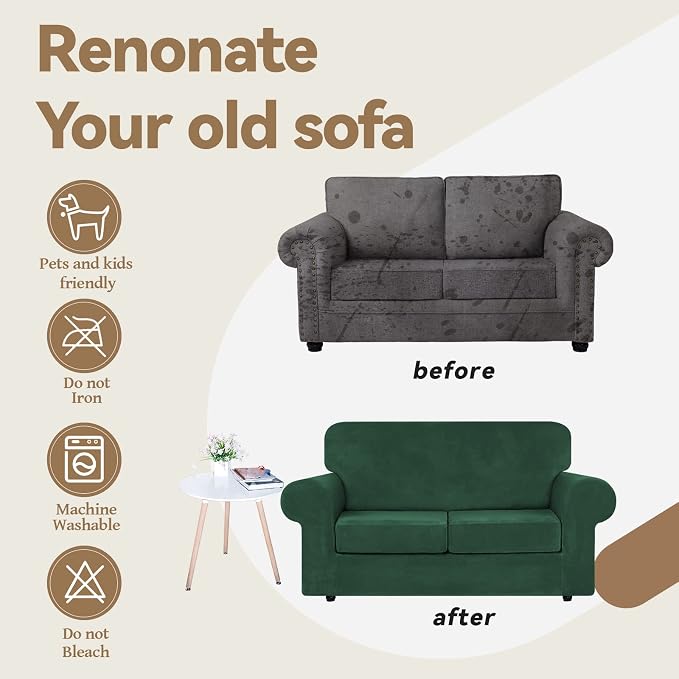 WEERRW Velvet Stretch 3 Pieces Couch Cover for Sofa Washable, Emerald Green | Love Seat Couch Covers for 2 Cushion Couch Sofa Furniture Protector slipcoves with Elastic Bottom for Kids, Medium