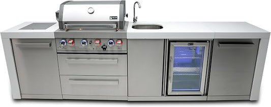 Mont Alpi Deluxe 120"W x 23"D x 46"H Stainless Steel Outdoor Kitchen Island with Refrigerator + 32"W 4-Burner BBQ Grill + Faucet and Sink + Granite Countertops + Storage Cabinets + Rotisserie + Cover