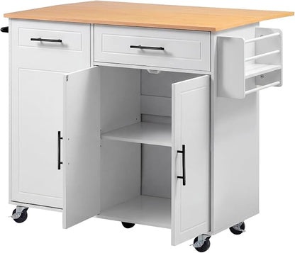 VEVOR Kitchen Island Cart with Storage, 46.06 in Wide Mobile Rolling Storage Island on Swivel Wheels, with Drawer, Storage Cabinet, Drop Leaf, Spice/Towel Rack, Table for Home Dining Room, White