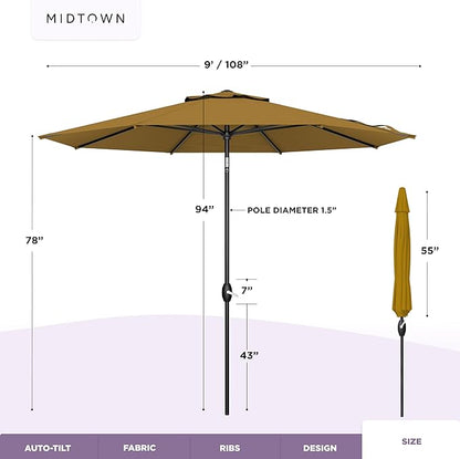 Midtown Umbrellas - 10-Year-No-Fade 9 Ft Patio Umbrella with Terylast Fabric, Auto-Tilt Aluminum Frame and 8 Reinforced Ribs for Deck, Pool, Garden & Beach - Sand Tan Canopy, Black Pole