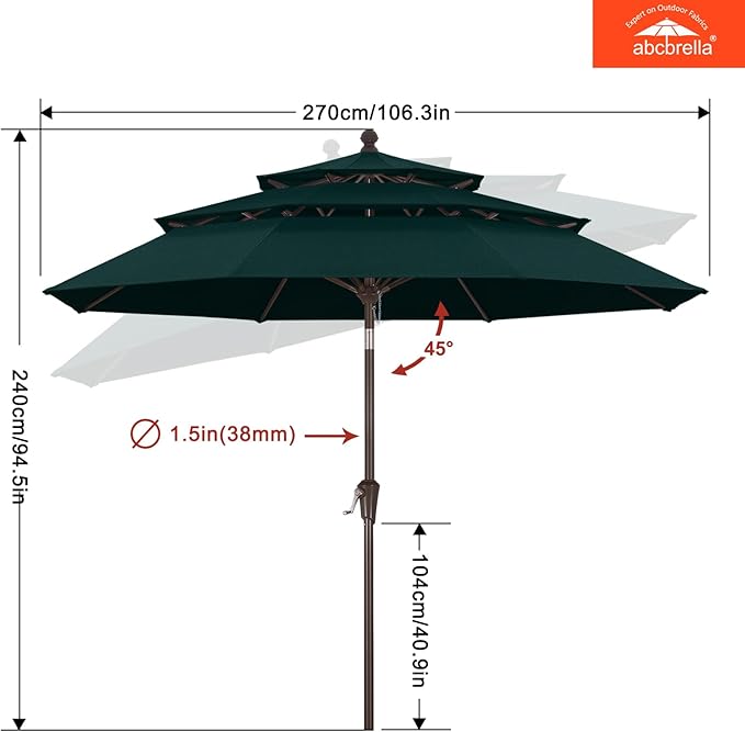 ABCCANOPY 5-Year 10-Year No Fading 9FT 3 Tiers Patio Umbrella, Outdoor Table Umbrella with 8 Sturdy Ribs for Deck, Backyard, Garden, Yard