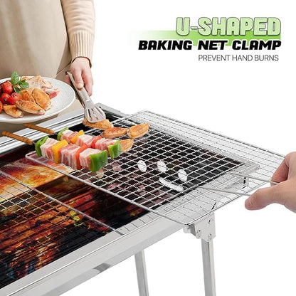 Portable Large Charcoal Grill W/Board Shelf & Flavoring Storage Basket, Outdoor Folding Barbeque Grill Stainless Steel Camp Picnic Cooker with Grill Pan (39.37 x 12.2 x 27.95)"