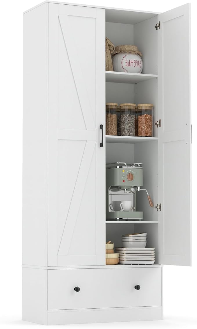 GIANTEX 72" Tall Kitchen Pantry Cabinet, Farmhouse Cupboard, White | Wooden Buffet Cabinet w/ 2 Doors, Drawer & Adjustable Shelf, Freestanding Versatile Storage Cabinet for Living Room Bathroom