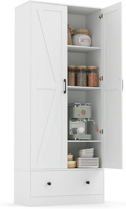 GIANTEX 72" Tall Kitchen Pantry Cabinet, Farmhouse Cupboard, White | Wooden Buffet Cabinet w/ 2 Doors, Drawer & Adjustable Shelf, Freestanding Versatile Storage Cabinet for Living Room Bathroom