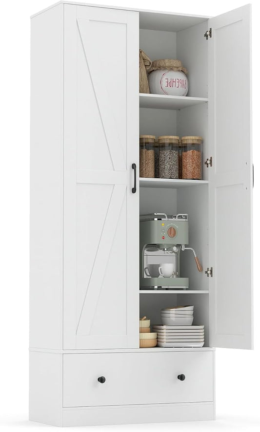 GIANTEX 72" Tall Kitchen Pantry Cabinet, Farmhouse Cupboard, White | Wooden Buffet Cabinet w/ 2 Doors, Drawer & Adjustable Shelf, Freestanding Versatile Storage Cabinet for Living Room Bathroom