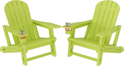 Shintenchi Adirondack Chairs Set of 2,HDPE Adirondack Chairs w/Removable Tablelop & Umbrella Hole,All-Weather Wooden Textured Plastic Outdoor Chairs w/Cup Holders for Garden Backyard Pool,Green