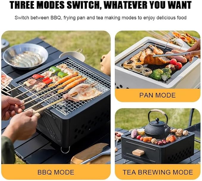 Portable Charcoal BBQ Grill Stove – Smokeless Outdoor Cooking for Camping & Tailgating, Yakitori Grill, Skewers, Easy Drawer Style, Pan and Grill Included