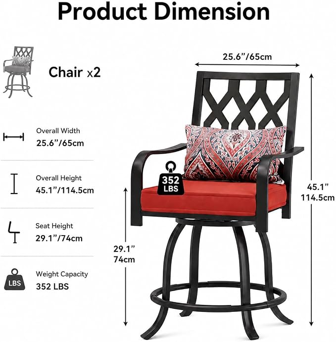 DWVO Metal Outdoor Bar Stools Set of 6, Heavy-Duty Bar Height Outdoor Chairs 352 Lbs Capacity, All-Weather E-Coated Swivel Barstools with Red Cushion & Pillow for Patio Deck Balcony