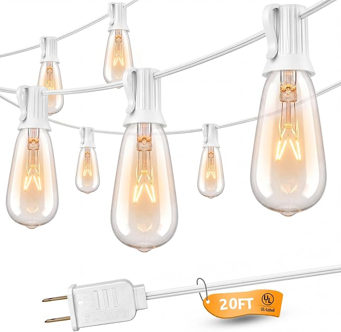 20FT Edison Outdoor String Lights with 22 Clear Edison Bulbs(2 Spare), ST40 Vintage Bulb String Lights for Christmas Hanging Backyard Porch Balcony Party Decoration, E17/C9 Socket Base, White Wire