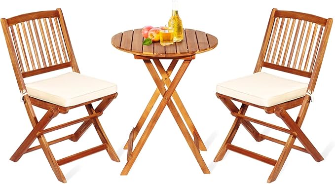 FANTASK 3 Pieces Folding Acacia Wood Bistro Set, Patio Furniture Set with Cushions & 1 Round Table, Indoor Outdoor Bistro Table and Chairs Set of 2 for Patio, Garden, Poolside, Porch, Lawn (Beige)