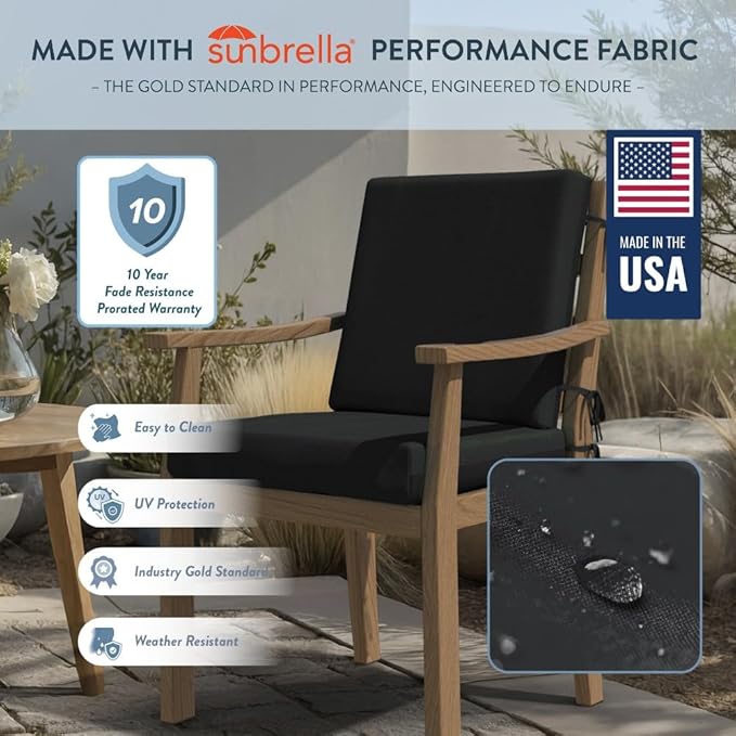 California Umbrella Outdoor Dining Chair, Set of 2 Patio Seat Cushions, 20 x 40 Inch, Premium Outdoor Memory Foam, Fade Resistant, Sunbrella Fabric, Fabric Ties, Black