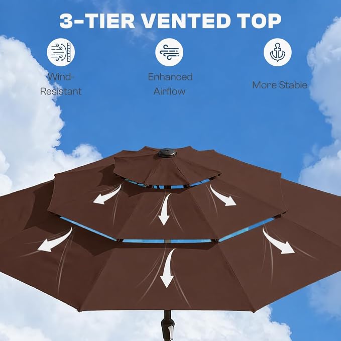 10ft 3 Tier Patio Umbrella, Outdoor Market Table Umbrella with UPF 50+ Vented Canopy, 8 Sturdy Ribs, Easy Push Button Tilt and Crank, Windproof for Deck, Pool, Backyard and Garden