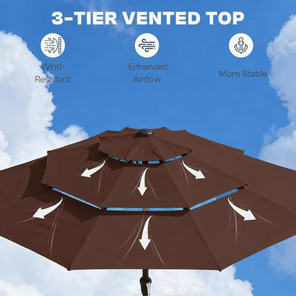 10ft 3 Tier Patio Umbrella, Outdoor Market Table Umbrella with UPF 50+ Vented Canopy, 8 Sturdy Ribs, Easy Push Button Tilt and Crank, Windproof for Deck, Pool, Backyard and Garden