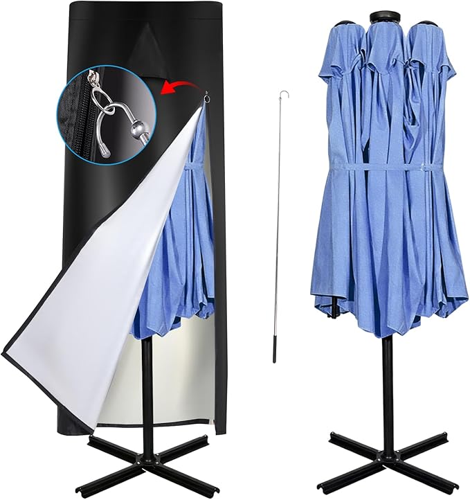 15 ft Patio Umbrella Cover Waterproof 900D, for Double-Sided Umbrellas | Umbrella Covers for Outdoor Umbrellas, 900D Oxford Fabric, Top Vent, Telescopic Pole, Zipper Closure,Hem Drawstring
