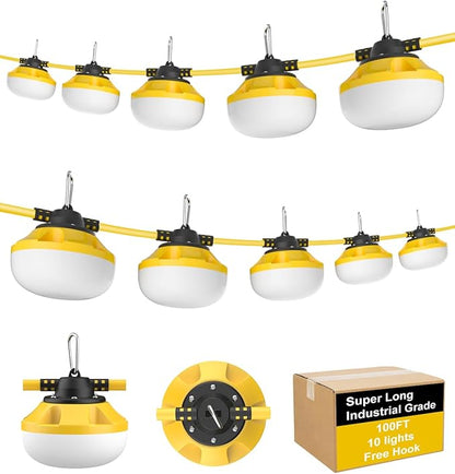 100FT LED Construction String Lights, 100W 10000LM Industrial Grade Temporary Work Lights with 10 Bulbs, Linkable 5000K Super Bright Weatherproof Lighting for Construction Site, Job Site,& Outdoor Use