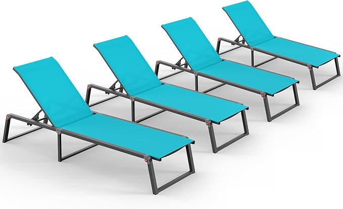 Aluminum Chaise Lounge Chair Outdoor, Foldable& No Assembly Patio Pool Lounge Chairs 5-Position Recliner for Outside, Fully Grounded Legs Sun Lounger for Poolside, 4 Packs Lake Blue