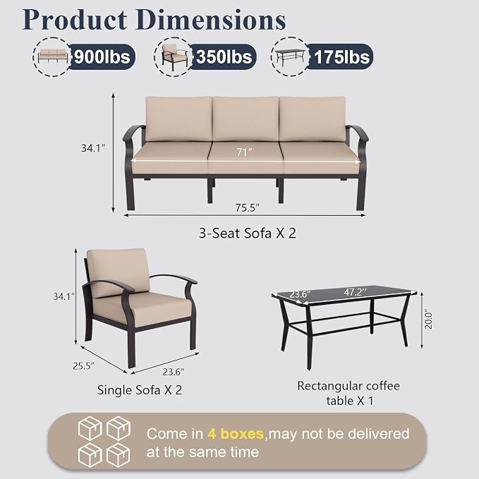 ALAULM Aluminum Patio Furniture Set with Coffee Table Rectangular, 8-seat Outdoor Sectional Furniture w/5.1" Cushions, Patio Conversation Set for Porch, Backyard, Poolside-Sand