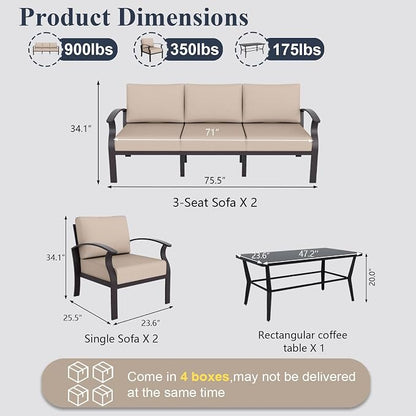 ALAULM Aluminum Patio Furniture Set with Coffee Table Rectangular, 8-seat Outdoor Sectional Furniture w/5.1" Cushions, Patio Conversation Set for Porch, Backyard, Poolside-Sand