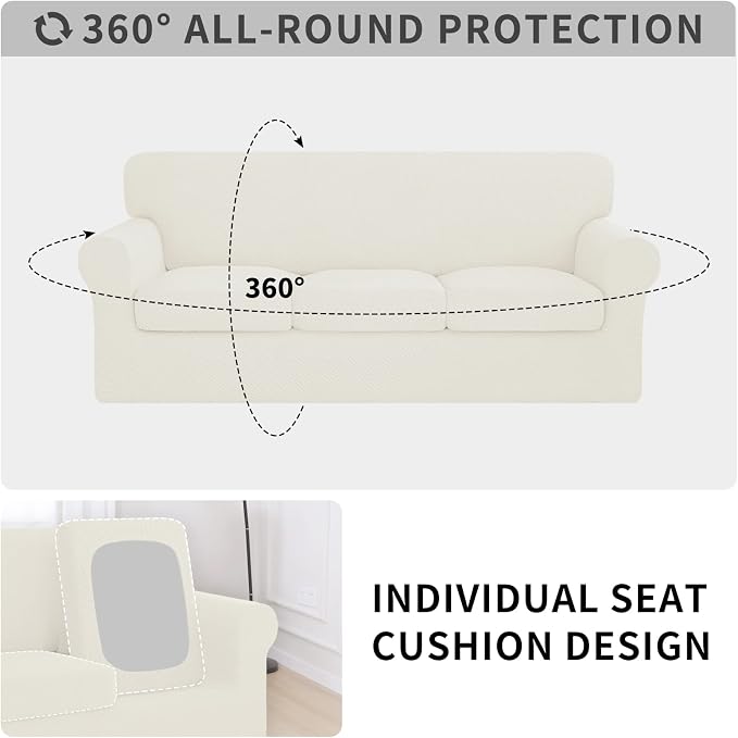 ISSUNTEX 2 Pieces High Stretch Thicken Chair Couch Covers, Soft Sofa Slipcover for 1 Separate Cushion Couch, Jacquard Fabric Elastic Sofa Cover Furniture Protector for Dogs (Chair, Ivory)