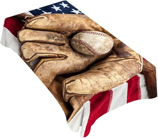 TKS MITLAN American Flag Tablecloth 60x84 Inch Rectangular Vintage Red Brown Baseball Bat Glove on USA Flag Oblong Table Cloth Kitchen Table Decorations for Home Dinner Party