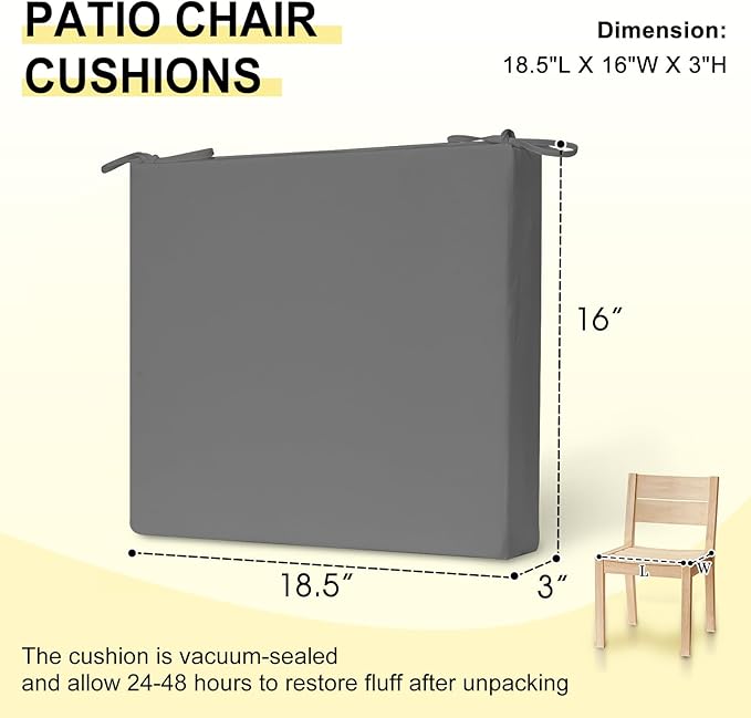downluxe Outdoor Chair Cushions Set of 4 for Patio Furniture, Water-Resistant Square Corner Patio Chair Cushions with Ties, High Density Foam Outdoor Seat Cushion, 18.5" X 16" X 3", Dark Grey