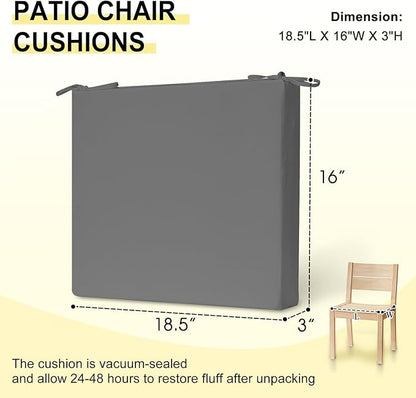 downluxe Outdoor Chair Cushions Set of 6 for Patio Furniture, Water-Resistant Square Corner Patio Chair Cushions with Ties, High Density Foam Outdoor Seat Cushion, 18.5" X 16" X 3", Charcoal Grey