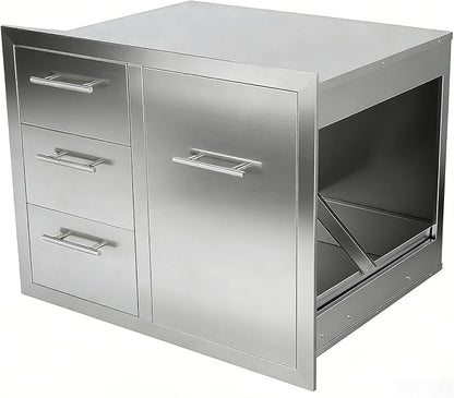 Outdoor Kitchen Drawers Combo Stainless Steel Flush Mount Outdoor Kitchen Cabinets Triple Drawer and Trash Drawer Combo for Outdoor Kitchens & BBQ Islands 28.6" W x 22.6" H x 21.5" D