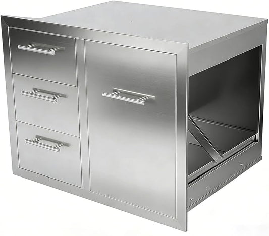 Outdoor Kitchen Drawers Combo Stainless Steel Flush Mount Outdoor Kitchen Cabinets Triple Drawer and Trash Drawer Combo for Outdoor Kitchens & BBQ Islands 28.6" W x 22.6" H x 21.5" D