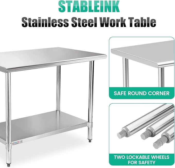 STABLEINK Stainless Steel Table with Undershelf 36x30 Inches 3ft for Prep | NSF Certified Heavy Duty Metal Work Table Workbench for Commercial Kitchen Restaurant Hotel Laundry Garage Chef Homemaker
