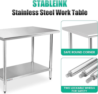 STABLEINK Stainless Steel Table with Undershelf 36x30 Inches 3ft for Prep | NSF Certified Heavy Duty Metal Work Table Workbench for Commercial Kitchen Restaurant Hotel Laundry Garage Chef Homemaker